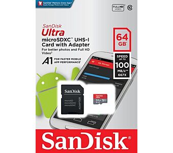 Spominska kartica micro SDXC 64GB C10 UHS-1 A1, adapter, SanDisk Ultra 100 MB/s